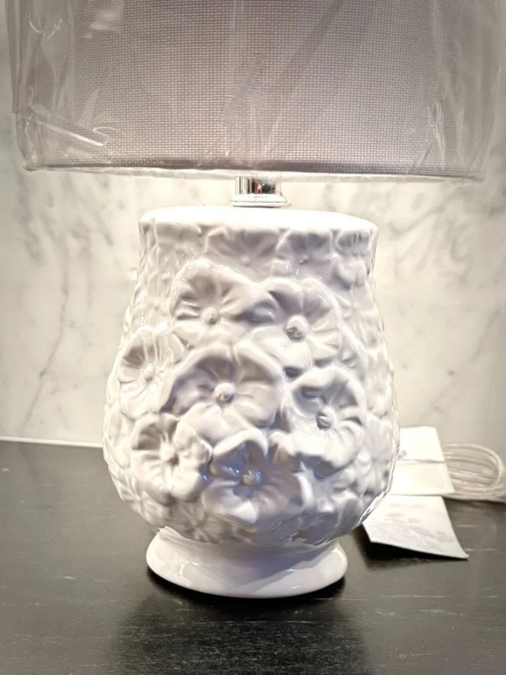 Shabby Chic Decor Table Lamp White Ceramic Poppy Flower Base White Shade NEW
